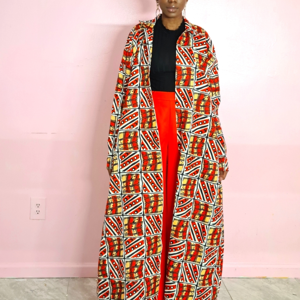 Red African print duster for women. Floor length duster with pockets.